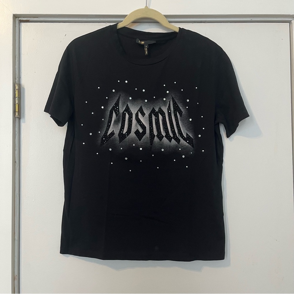 Maje Black Short Sleeve Graphic Tee cosmic rhinestone bedazzle embellished